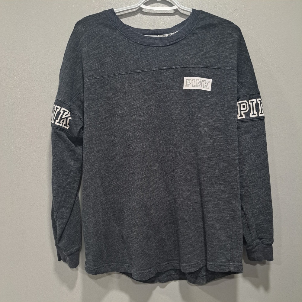 Victorias Secret PINK Sweatshirt SMALL Charcoal Grey Varsity Logo Crewneck